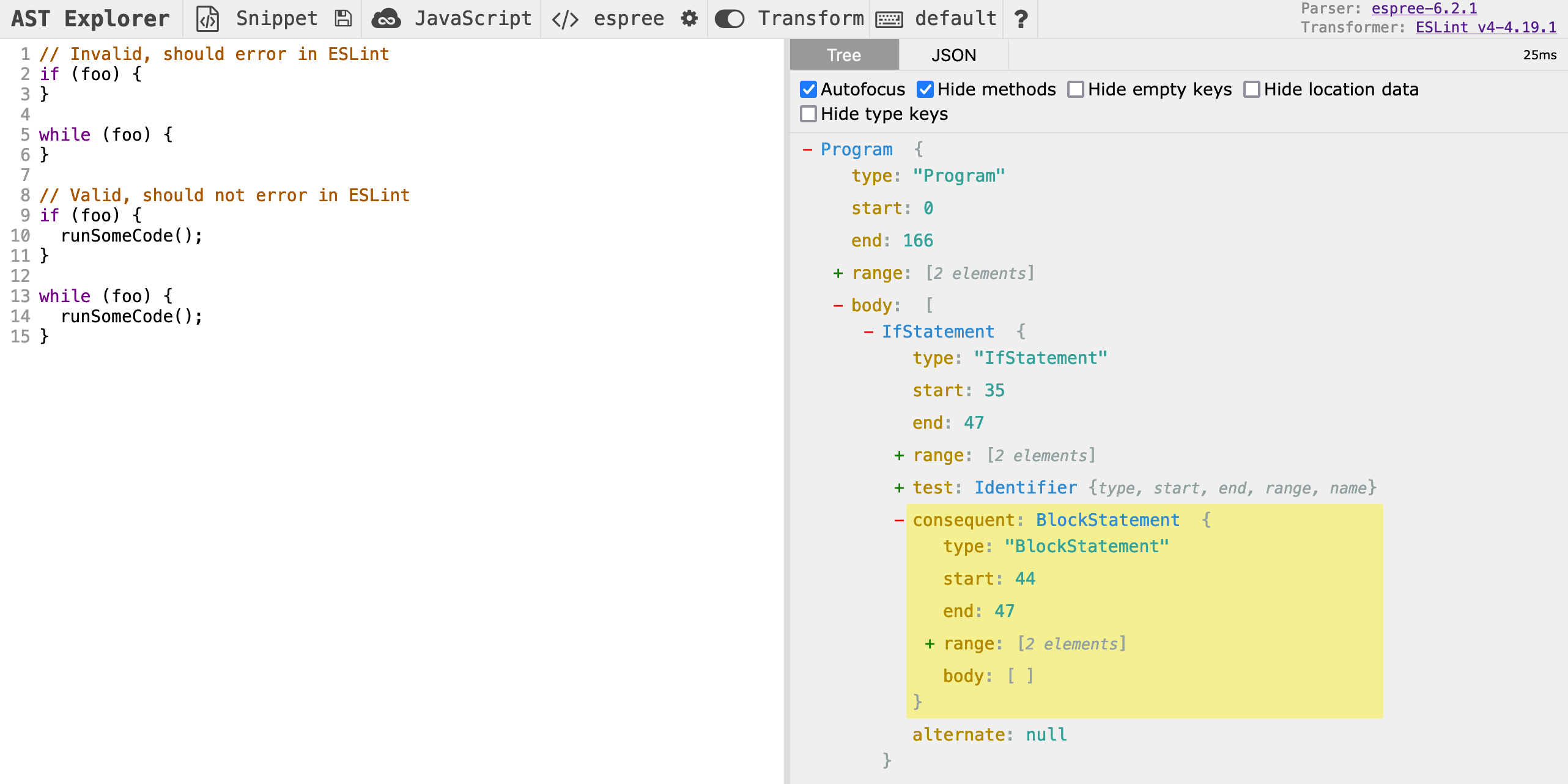 AST Explorer showing a block statement highlighted in the syntax tree